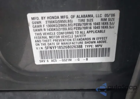 2006 Honda Pilot Ex-L z USA, uszkodzony, nr VIN 5FNYF18526B026388
